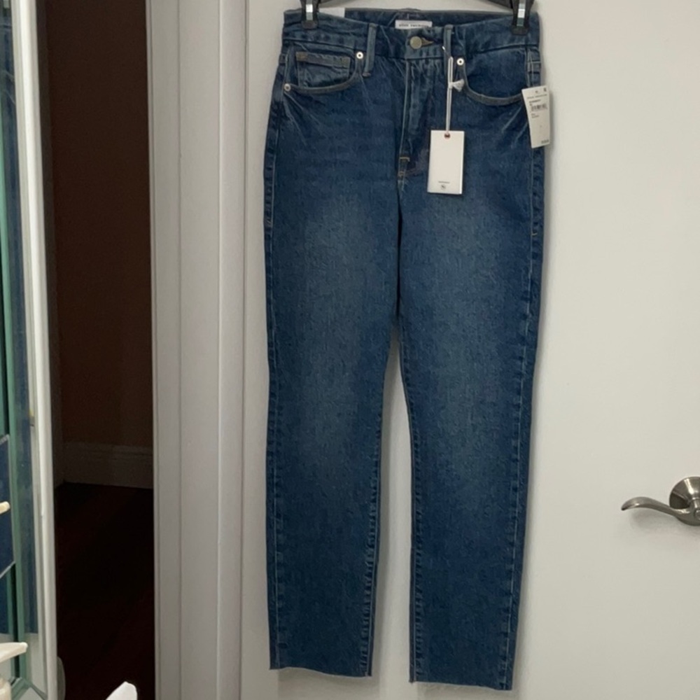 Good American Good Classic Denim Jeans Size 0/25 Straight Leg High Rise Med Wash